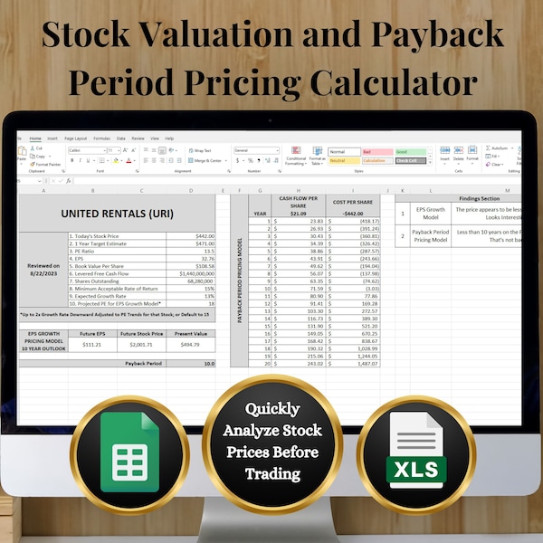 Stock Valuation and Payback Period Pricing Calculator Tool and Template for Excel or Google Sheets