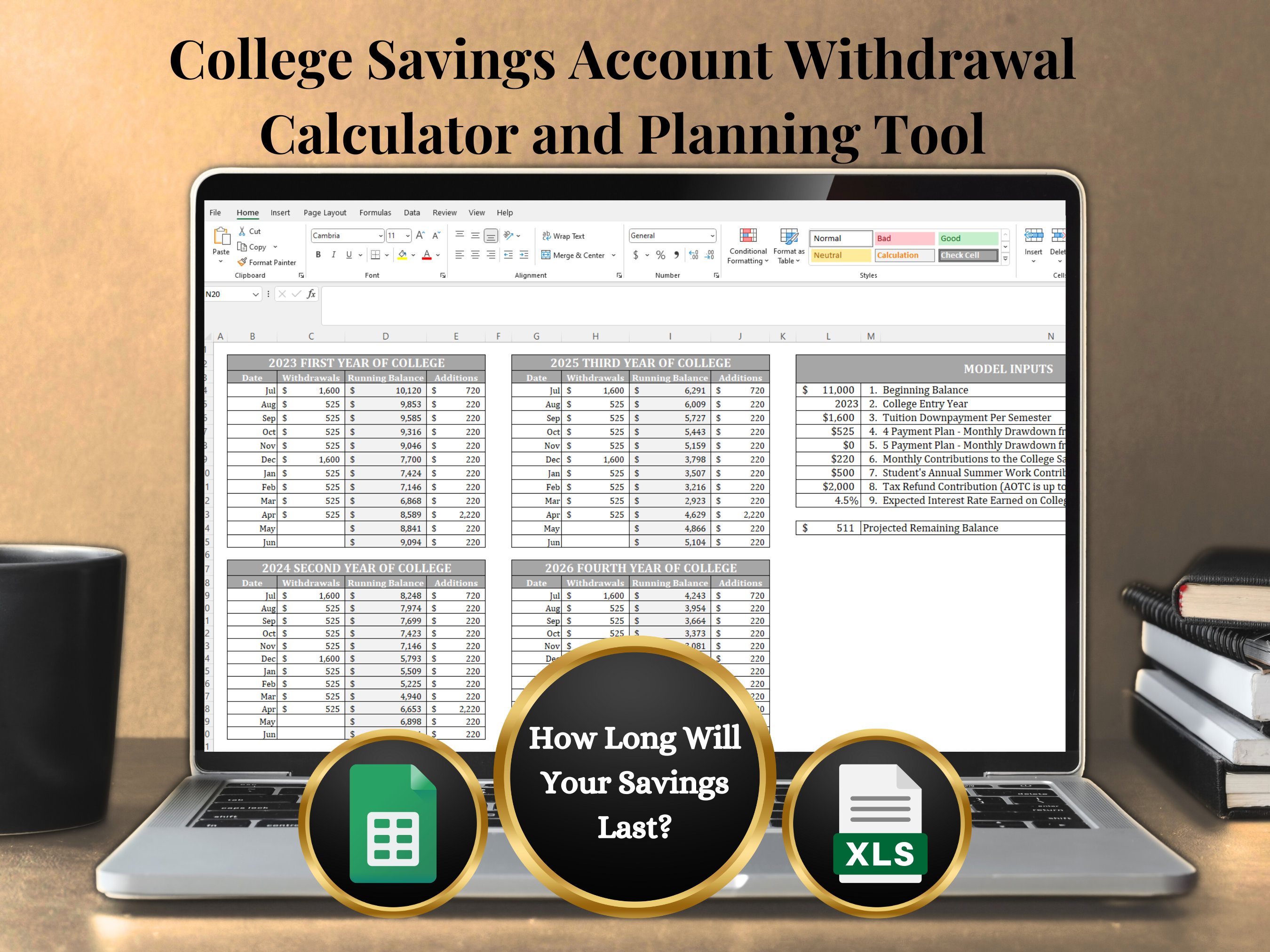 529 College Savings Account Withdrawal Calculator and Planning Tool for Excel or Google Sheets