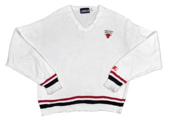 Vintage Chicago Bulls Sweater Retro Basketball Knit White Starter V-Neck Size Large