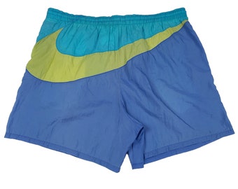 Vintage Nike Blue Color Block Big Swoosh Nylon Shorts Size Medium