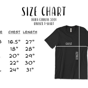 Pode incluir: Tabela de tamanhos para uma camiseta unissex Bella Canvas 3001. A tabela mostra as medidas de t&oacute;rax e comprimento em polegadas para os tamanhos XS, S, M, L e XL.
