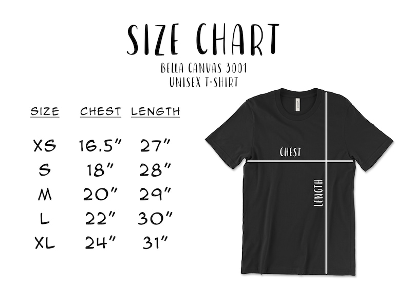Pode incluir: Tabela de tamanhos para uma camiseta unissex Bella Canvas 3001. A tabela mostra as medidas de t&oacute;rax e comprimento em polegadas para os tamanhos XS, S, M, L e XL.