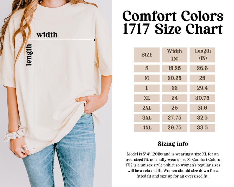 Puede incluir: Tabla de tallas para camisetas Comfort Colors 1717, que muestra las medidas de ancho y largo en pulgadas para las tallas S a 4XL. La tabla incluye informaci&oacute;n de tallas para una camiseta de estilo unisex.