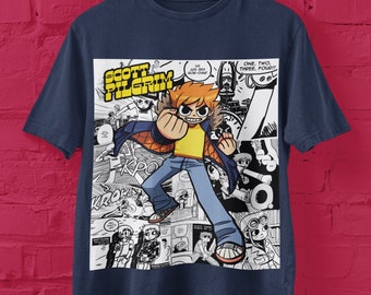 Scott Pilgrim VS The World Tee shirt, Comic Anime Crewneck T-Shirt, Gift for Cool Geeks and Nerds, Men & Women, Cartoon Lovers Birthday Gift