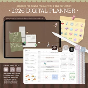 May include: A digital planner for 2026, displayed on a tablet with a stylus. The planner features a brown cover with decorative elements, including a calendar, stickers, and the text "2026 Digital Planner." It includes 590 pages, customizable covers, and 54 shortcut icons.
