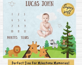 Super Soft Jungle Animal Safari Baby Milestone Blanket, Boy Baby Monthly Milestone Marker Blanket, Personalized Baby Shower Gift for New Mom