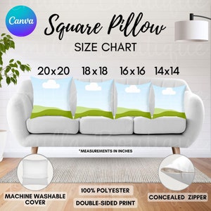 Maqueta de almohada de arrastrar y soltar Tabla de tallas de almohadas cuadradas Tabla de tallas de almohadas de Printify Plantilla de almohada POD de Canva Guía de tallas de fundas de almohada decorativas
