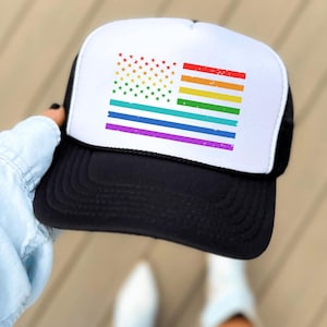 Gay Trucker Hat, Rainbow US Flag Hat, Gay Pride Cap, Lesbian Hat, LGBTQ Flag Hat, Trans Equality Hats, 4th of July Rainbow Hats, Love Wins