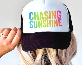 Chasing Sunshine Hat, Neon Summer Trucker Hat for Women, Girls Trip 2026 Vacation Snapback, Beach Gifts