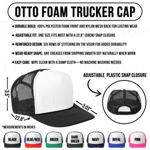 Tabla de tallas y colores de gorras de camionero Otto 39-169, tabla de tallas de gorras Otto, características de las gorras de camionero Printify, guía de colores de gorras de camionero POD, tallas de gorras Otto