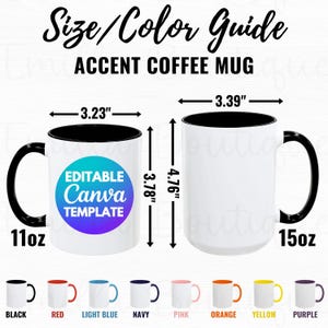 アクセントコーヒーマグのサイズ表Canvaテンプレート、ツートンマグのサイズガイド、Printifyアクセントマグのサイズ/カラーチャート、11オンス/15オンスセラミックマグのモックアップ