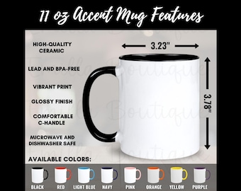 Tabella delle taglie per tazze da caffè Accent da 11 oz, guida alle taglie per tazze bicolore, tabella colori per tazze Accent Printify, mockup di tazza in ceramica da 11 oz, mockup delle dimensioni delle tazze POD