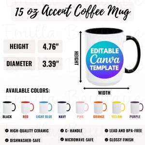 Plantilla de Canva con tabla de tallas para tazas de café de 15 oz, guía de tallas para tazas bicolor, tabla de tallas y colores para tazas de Printify, maqueta de taza de cerámica de 15 oz