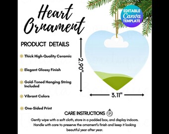 Ceramic Heart Ornament Size Chart Mockup, Heart Ornament Sizing Guide Canva Template for POD ( Digital Download)