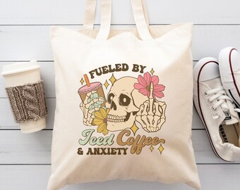 Fueled by Iced Coffee and Anxiety Tote Bag, Mental Health Gift, Funny Fueled by Coffee Tote, Retro Boho Shoulder Bag, Gift for Coffee Lovers