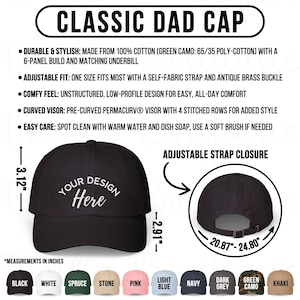 Classic Dad Cap Size Chart Mockup, Printify Dad Hat Sizing Guide, Dad Cap Color Chart, POD Dad Cap Size and Color Chart,Dad Cap Features PNG