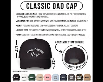 Classic Dad Cap Size Chart Mockup, Printify Dad Hat Sizing Guide, Dad Cap Color Chart, POD Dad Cap Size and Color Chart,Dad Cap Features PNG
