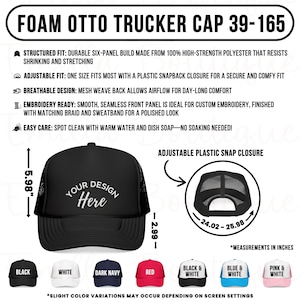 Otto Cap 39-165 Size Chart Mockup, Printify Foam Trucker Hat Color Chart, POD Embroidered Cap Size Chart, Trucker Cap Sizing Guide PNG