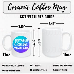 Plantilla de Canva para tabla de tallas de tazas blancas, guía de tallas de tazas blancas, tabla de tallas de tazas de cerámica, maqueta de taza de Printify, maqueta de taza de cerámica blanca de 11 oz y 15 oz