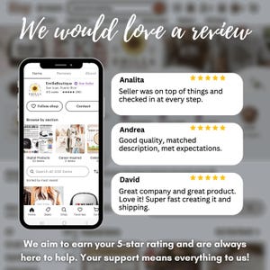 May include: Screenshot of an Etsy shop's website showing customer reviews. The reviews are all positive and give the shop 5 stars. The reviews are for a shop called "Emilla Boutique" and the reviews are from Analita, Andrea, and David.