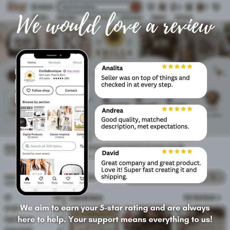 May include: Screenshot of an Etsy shop's website showing customer reviews. The reviews are all positive and give the shop 5 stars. The reviews are for a shop called "Emilla Boutique" and the reviews are from Analita, Andrea, and David.