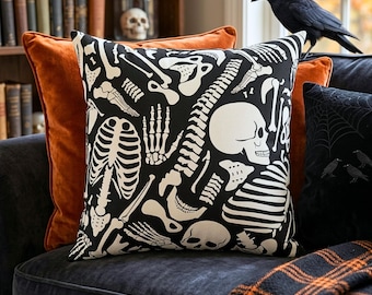 Skeleton Throw Pillow, Goth Decor Housewarming Gift, Gothic Lover Gifts, Bone Pillows, Halloween Pillow
