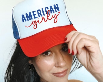 Retro American Trucker Hat for Women, Vintage Fourth of July Trucker Cap, Patriotic Snapback Hat, Cute America Hat, 4th of July Gift for Her