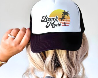 Trendy Summer Beach Trucker Hat, Otto Foam Trucker Beach Hat, Beach Vacation Mesh Snapback Cap, Beach Mode Vintage Trucker Hat, Beach Gifts