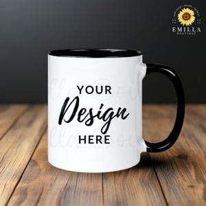 Maqueta de taza de café de 325 ml (11 oz), maqueta de taza de café bicolor, maqueta de taza negra con detalles de Printify, maqueta de taza de cerámica blanca y negra POD (PNG)