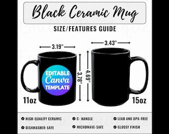 Black Mug Size Chart Canva Template, Black Mug Size Guide, Ceramic Mug Size Chart, Printify Mug Mockup, 11 oz 15 oz Black Ceramic Mug Mockup