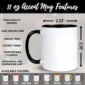 Tabla de tallas de taza de café con acento de 11 oz, Guía de tallas de tazas bicolor, Tabla de colores de taza con acento de Printify, Maqueta de taza de cerámica de 11 oz, Maqueta de tamaño de taza POD