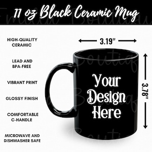 Tabla de tallas de taza de café negra de 11 oz, Guía de tallas de taza negra, Tabla de tallas de taza negra de Printify, Maqueta de taza de cerámica negra de 11 oz, Maqueta de tamaño de taza POD