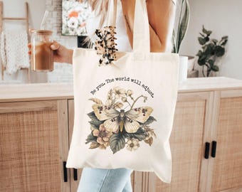 Moth Tote Bag, Vintage Moth Boho Tote Bag, Motivational Moth Canvas Bag, Boho Aesthetic Nature Inspired Moth Book Bag, Nature Lover Gift
