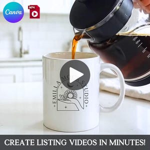 Puede incluir: Una taza de cerámica blanca con asa se está llenando de café de una prensa francesa. La taza presenta un diseño en blanco y negro con el texto "EMILLA MOON STUDIO". El vídeo también incluye el texto "CREATE LISTING VIDEOS IN MINUTES!"