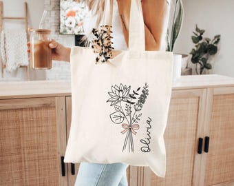 Custom Birth Flower Bouquet Tote Bag, Birth Month Tote Bag, Birth Month Flowers Canvas Tote Bag, Personalized Tote Bag, Birth Flower Gifts