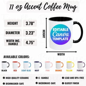 Plantilla de Canva con tabla de tallas para tazas de café de 11 oz, guía de tallas para tazas bicolor, tabla de tallas y colores para tazas de Printify, maqueta de taza de cerámica de 11 oz