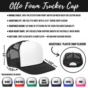 Tabla de tallas y colores de gorras de camionero Otto 39-169, tabla de tallas de gorras Otto, características de las gorras de camionero Printify, guía de colores de gorras de camionero POD, tallas de gorras Otto