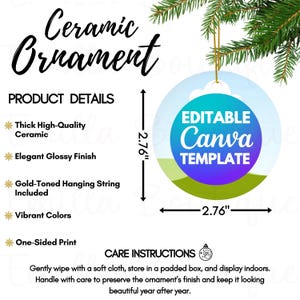 Tabella delle dimensioni degli ornamenti in ceramica con trascinamento della selezione, Guida alle dimensioni degli ornamenti in ceramica Printify, Modello Canva, Modello di ornamento natalizio in ceramica rotondo POD