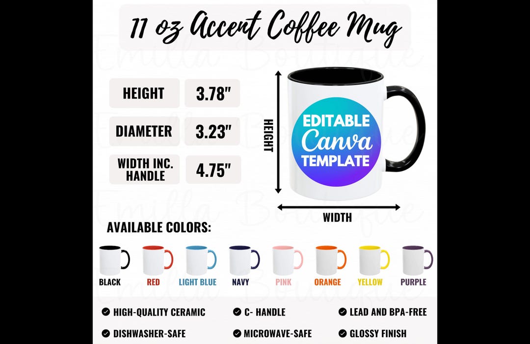 Tabela de tamanhos de canecas de café com detalhes de 11 oz Modelo ...