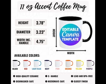 Modello Canva per la tabella delle taglie delle tazze da caffè Accent da 11 oz, guida alle taglie delle tazze bicolore, tabella delle taglie/colori delle tazze Accent di Printify, mockup di tazza in ceramica da 11 oz