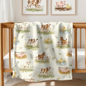 Farm Baby Blanket, Baby Animal Nursery Throw, Cow Lamb Pig Crib Blanket, Country Baby Bedding, Toddler Nap Blanket