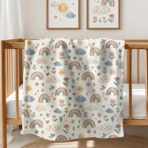 Rainbow Baby Blanket, Pastel Nursery Throw, Boho Crib Blanket, Sun and Cloud Baby Bedding, Toddler Nap Blanket, Gender Neutral Decor