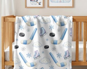 Hockey Baby Blanket, Sports Nursery Throw, Ice Hockey Crib Blanket, Winter Sports Nursery Decor, Baby Shower Gift