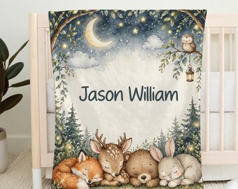 Personalized Woodland Baby Blanket, Custom Name Nursery Blanket, Forest Animal Baby Gift