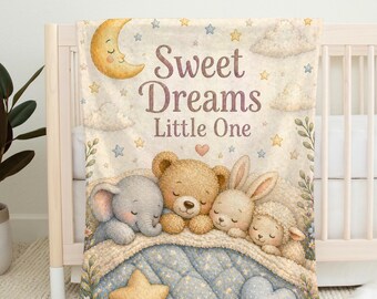 Sweet Dreams Baby Blanket, Sleepy Animals Nursery Blanket, Moon and Stars Baby Shower Gift