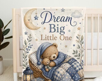 Dream Big Little One Baby Boy Blanket, Teddy Bear Nursery Blanket, Blue Shower Gift