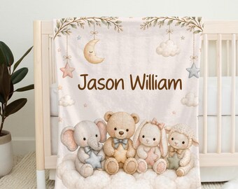Dreamy Stuffed Animal Baby Blanket, Personalized Name Blanket, Neutral Nursery Gift