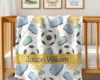 Personalized Soccer Baby Blanket, Custom Name Sports Nursery Decor, Soccer Crib Bedding, Future Soccer Star Baby Gift