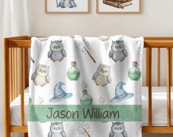 Personalized Wizard Baby Blanket, Custom Name Magic Nursery Blanket, Harry Potter Inspired Baby Blanket Gift, Fantasy Nursery Bedding