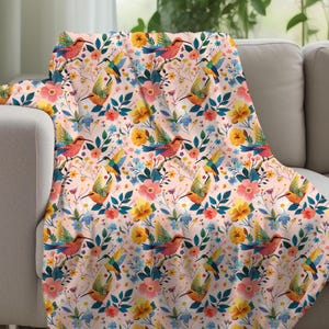 Cozy Bird and Flower Blanket, Colorful Bird Throw, Floral Blanket, Fleece Sherpa or Soft Velveteen Plush Blanket, Cute Throw, Whimsical Bird